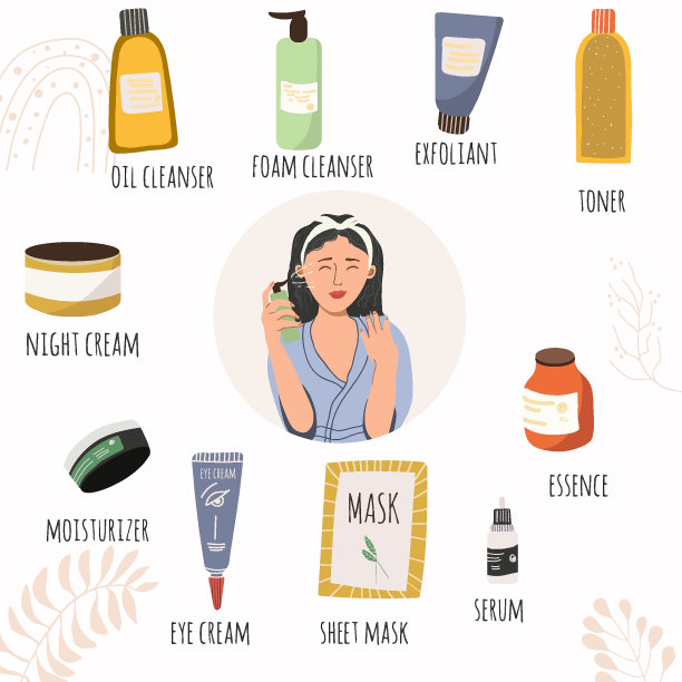 日常护肤品的矢量图。化妆品。晚霜，去皮，洁面油，洁面泡沫，爽肤水，精华液，面膜，精华液，眼霜。化妆和护肤概念。图片下载