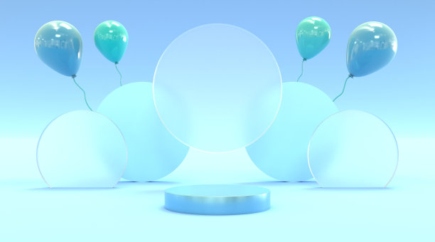 蓝色平台和玻璃背景气球的3d插画渲染，用于传单展示、产品设计、背景广告等图片下载