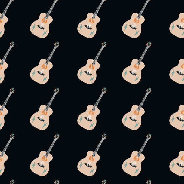 矢量平面手绘无缝模式与吉他。平面矢量嬉皮波西米亚插画。图片下载
