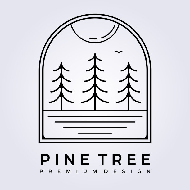 落日森林松树符号矢量插画设计线条艺术简单徽章景观湖林图片下载