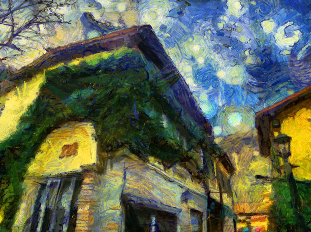 意大利风格的建筑，乡村，风景插画创造了印象派的绘画风格。图片下载