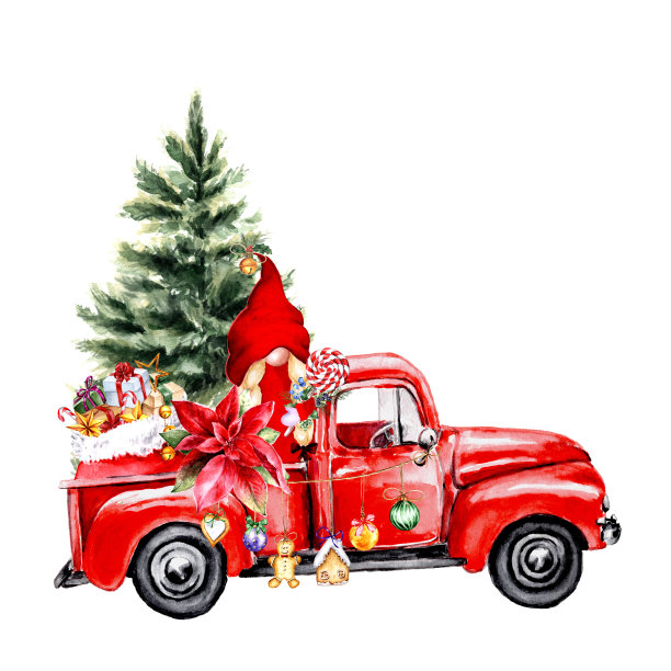 水彩红色卡车与可爱的圣诞侏儒图片下载