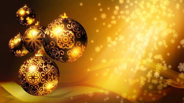 圣诞3D背景。金色装饰和飘落的雪花。图片下载