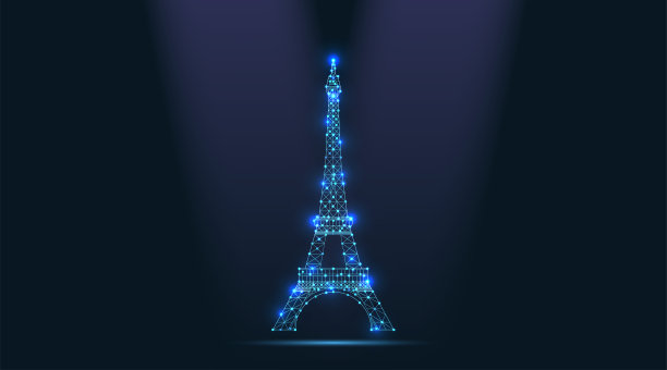 新年快乐。摘要矢量图线框通信信号发射机，法国无线电天线埃菲尔铁塔由线和三角形组成，点连接网络在深色背景上图片下载