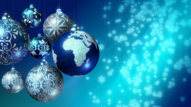 圣诞蓝色背景与地球作为圣诞球和复制空间。3D装饰物，雪花飘落。图片下载