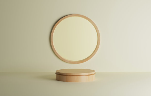 木质表面平台圆形底座日式风格简单的奶油色调木框圆窗背景图片下载
