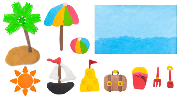 橡皮泥艺术船航行到岛上的蓝海背景概念假期图片下载