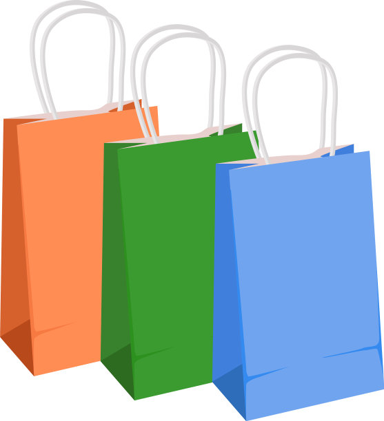 橙色、绿色和蓝色的纸袋在白色的上面图片下载