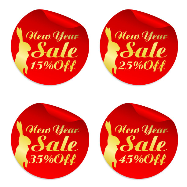 新年小兔子套装红色贴纸降价15%、25%、35%、45%图片下载