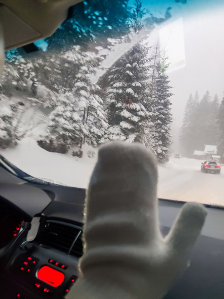 汽车旅行概念女人手戴手套积雪的道路与松树林图片下载
