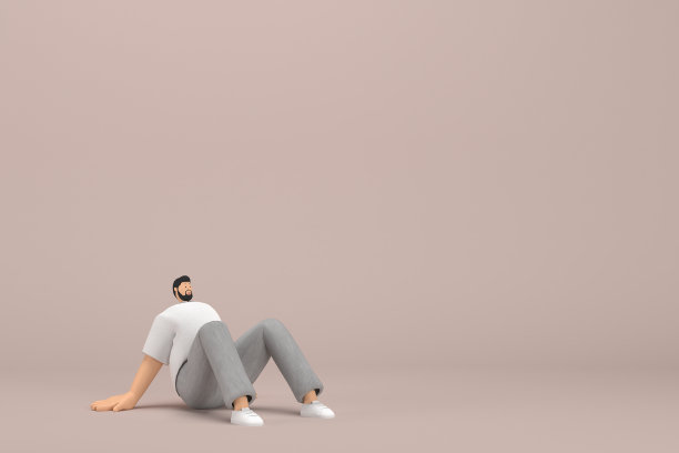 那个留着胡子的男人穿着灰色灯芯绒裤子和白领t恤。他坐下了。3d插图的卡通人物在表演。图片下载
