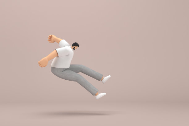 那个留着胡子的男人穿着灰色灯芯绒裤子和白领t恤。他在跳。动画角色在表演中的三维渲染。图片下载