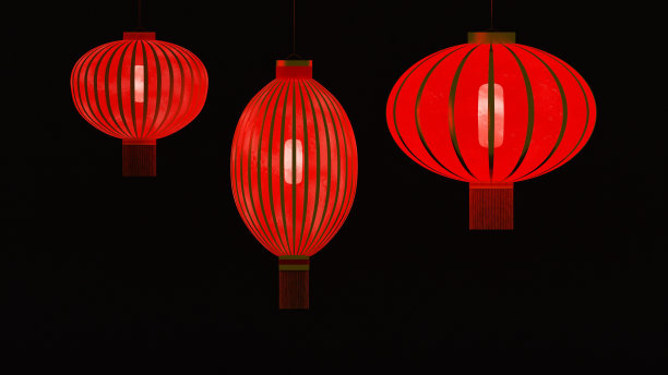 在黑色背景上的3D中国灯笼。以中国灯笼为新年的插图设计卡片，横幅和海报。3D渲染与红色金色的中国传统灯笼。图片下载