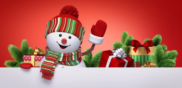 3 d渲染。圣诞假日墙纸。红色背景用快乐的雪人吉祥物挥手，包装礼盒图片下载