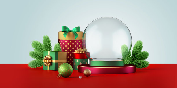 3d渲染，节日背景与圣诞饰品，空玻璃球，包装礼品盒和绿色云杉树枝。传统节日横幅图片下载
