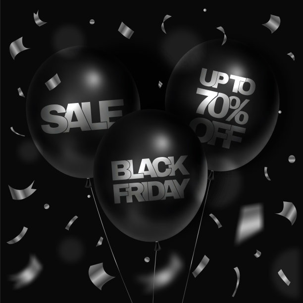 “黑色星期五”。大减价，七折优惠。带有黑色气球和文字的方形海报。矢量现代时尚的3D插图。在社交媒体上发帖。图片下载