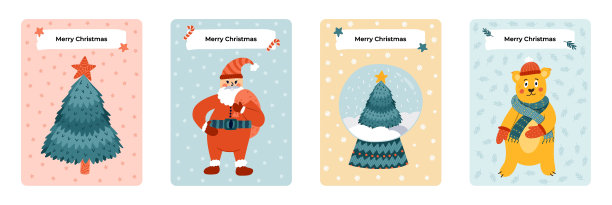 一套可爱的明信片，圣诞，新年，寒假。海报与字母，矢量手绘插画与传统符号的noel，冬季，庆祝。贺卡模板。图片下载