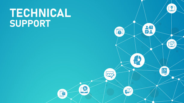 IT支持向量图。蓝色概念与图标相关的IT帮助台，热线或求助热线，远程或在线技术支持，技术援助，专业软件支持。图片下载