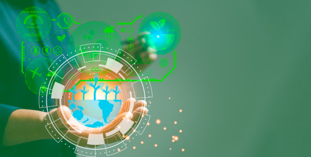 女商人使用虚拟现代计算机减少二氧化碳排放碳足迹气候变化以限制全球变暖。可持续发展，创新绿色经营理念。图片下载