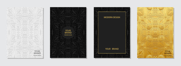 一套民族封面，垂直模板。异国情调的浮雕几何背景与3D图案，部落金色纹理，压纸，涂鸦和zentangle。图片下载