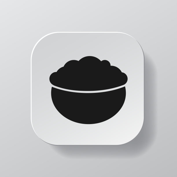 白色方形按钮带有燕麦粥轮廓图标，黑色燕麦粥在白色盘子上。平面符号符号矢量插图孤立在白色背景。健康的营养理念。图片下载