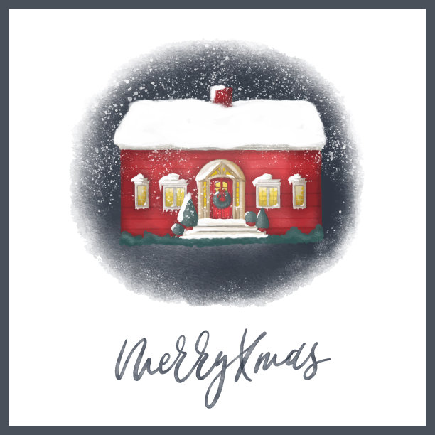 水彩舒适的圣诞贺卡与房子，灯泡装饰与雪花落在水彩纸的背景。矢量农舍圣诞贺卡和书法。图片下载