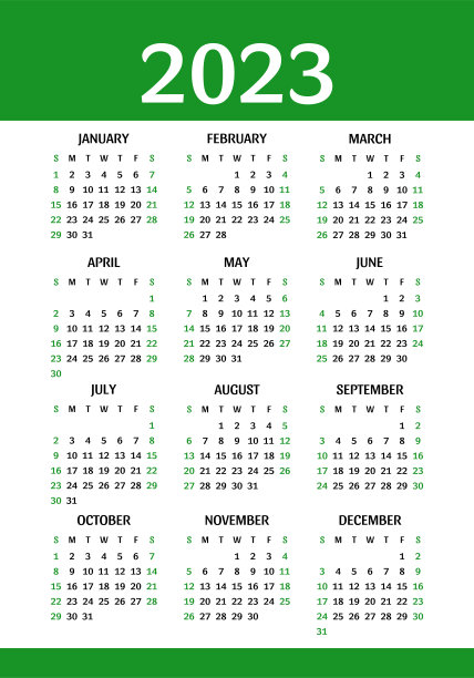 日历设计2023年。英文绿色矢量垂直墙或袖珍压延机模板图片下载