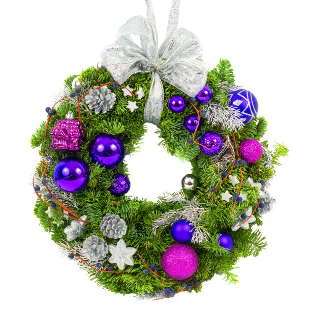 圣诞花环孤立在白色背景，新年构图的俯视图图片下载