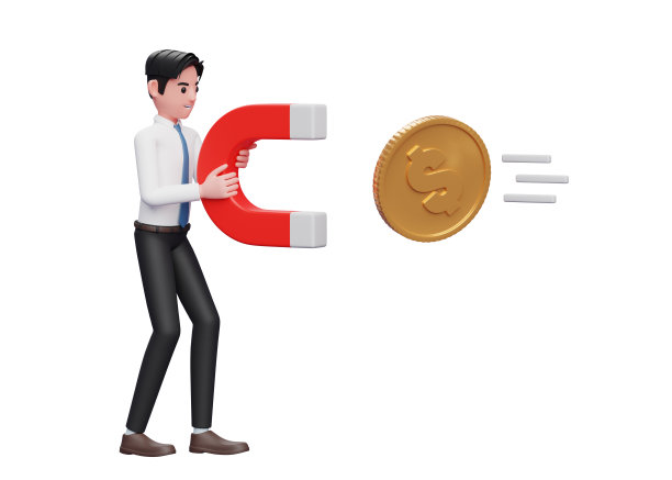 白衬衫蓝领带的商人站着，手里拿着磁铁，吸引着金币图片下载