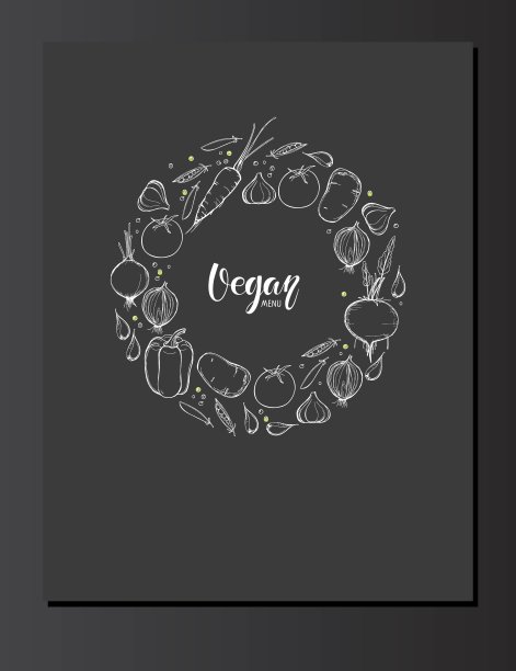 纯素菜单模板。蔬菜速写框书法刻字。有机食品印刷海报，圆形装饰框。矢量素描小酒馆菜单，农贸市场，有机食品商店图片下载