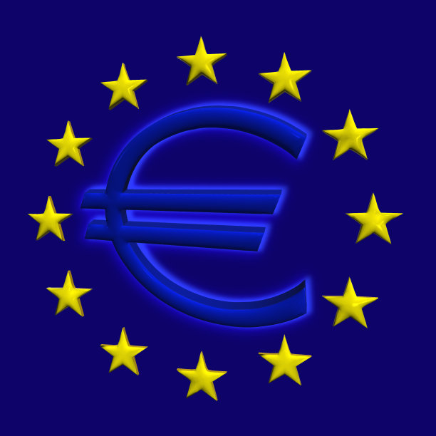 蓝色背景上印有欧盟星星的欧元标志图片下载