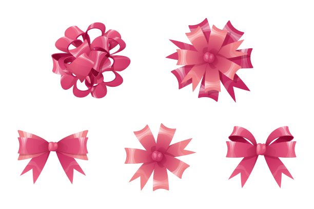 一套粉色蝴蝶结装饰盒子，礼物在一个孤立的背景。圣诞节和新年的装饰。节日的气氛中。矢量卡通插画图片下载