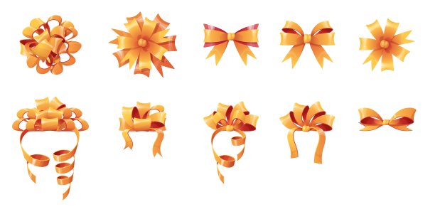 一套金色蝴蝶结装饰盒子，礼物在一个孤立的背景。圣诞节和新年的装饰。节日的气氛中。矢量卡通插画图片下载