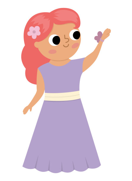 矢量伴娘插图。可爱的红头发女孩在紫色的裙子与花。婚礼的标志。卡通婚礼嘉宾。优雅的女子图片。穿着漂亮衣服的可爱女士图片下载