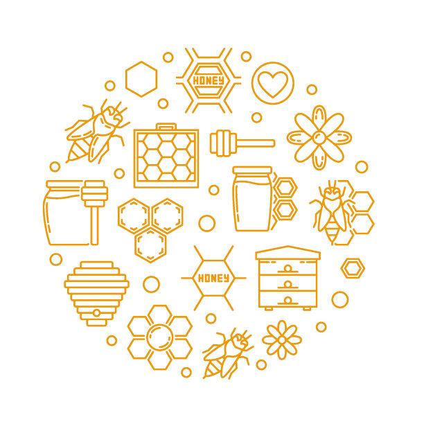 蜂蜜和养蜂矢量线性圆形插图图片下载