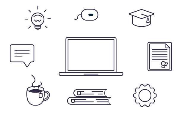 在线教育的图标集。笔记本电脑，学院帽，文凭，灯泡，齿轮，气泡盒，鼠标pc。电子学习平台的孤立矢量插图。图片下载
