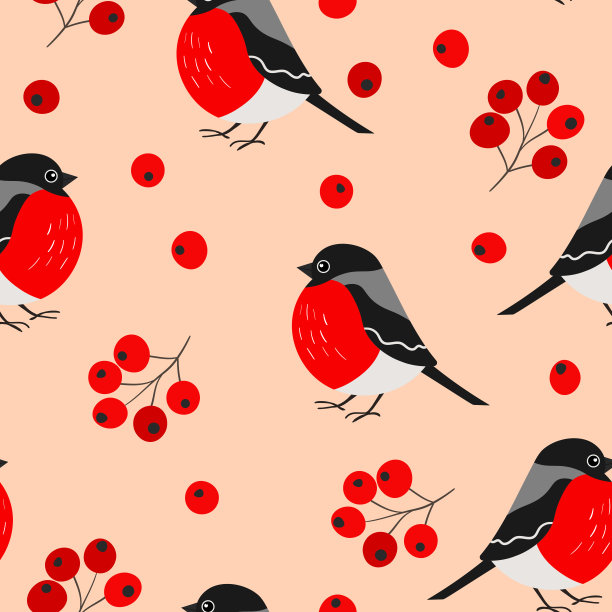 无缝的图案与有趣的彩色红腹雀鸟，花和浆果。彩色平面矢量插图与小卡通鸟。可爱的人物。为邀请函，卡片，纺织品，织物设计图片下载