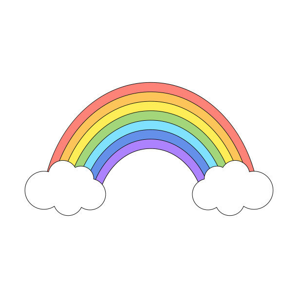 五颜六色的彩虹和黑色轮廓的云彩。设计贴纸，卡片，海报，t恤，邀请，婴儿洗礼，生日，房间装饰。图片下载