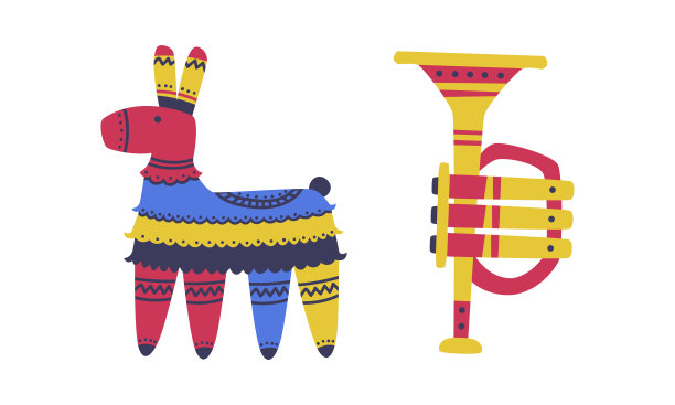 彩色的皮纳塔和小号套装。墨西哥传统符号卡通矢量插图图片下载