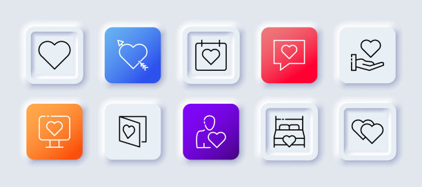 周年纪念设置图标。喜欢，心，指针，气球，礼物，同情，关系，婚礼，浪漫，关心，情侣，爱观情人节的概念。新生变形样式。矢量线图标的业务图片下载