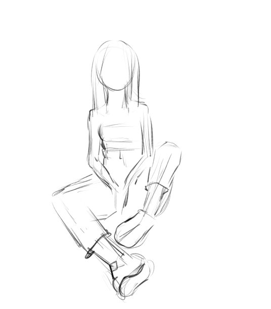 坐在地上的女孩的数字素描插图。图片下载