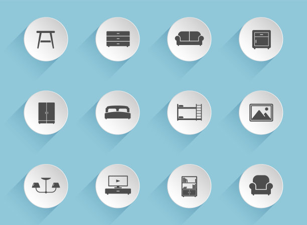 家具矢量图标在圆形膨胀的纸圈与蓝色背景透明的阴影。家具库存矢量图标的网页，移动和用户界面设计图片下载
