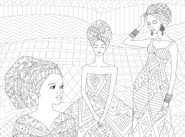 三个美丽的非洲妇女在装饰土著服装在抽象的背景，你的涂色书图片下载