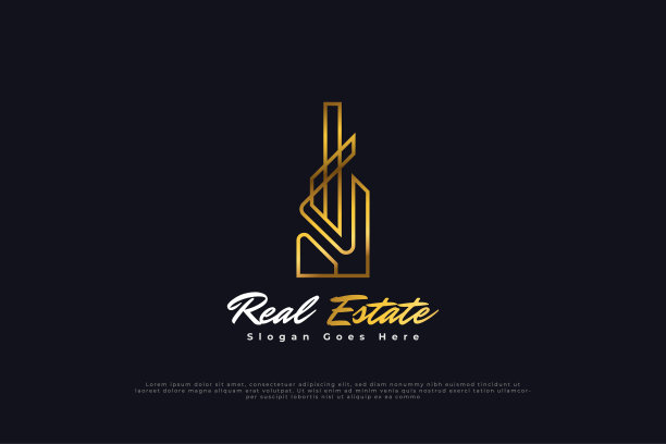 房地产标志设计与金色渐变线风格。建筑，建筑或建筑标志设计模板房地产标志设计与线风格在黄金渐变。建筑，建筑或建筑标志设计模板图片下载