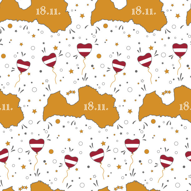 节日无缝模式的拉脱维亚共和国金色地图与拉脱维亚国旗心形气球，星星和白色背景上的随机元素。11月18日拉脱维亚独立日。图片下载