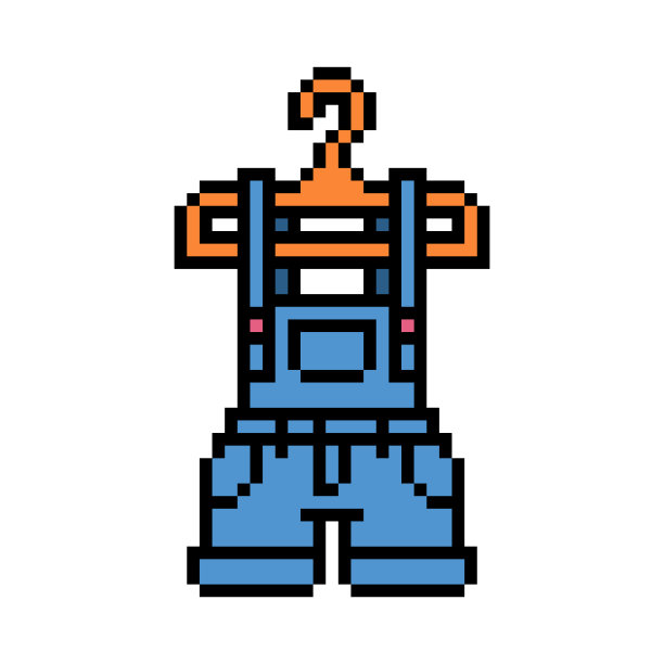 像素艺术蓝色牛仔短裤在衣架上孤立的白色背景。女性时装偶像。女孩短裤套装。复古复古90年代，80年代8位老虎机，视频游戏图形。图片下载