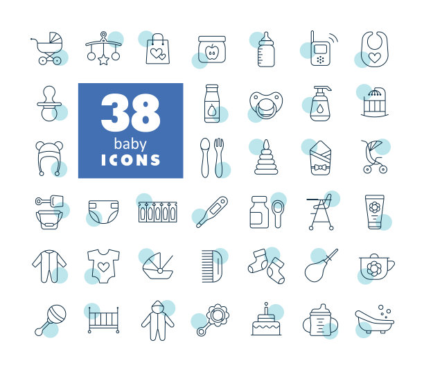 婴儿，喂养和护理矢量图标设置图片下载