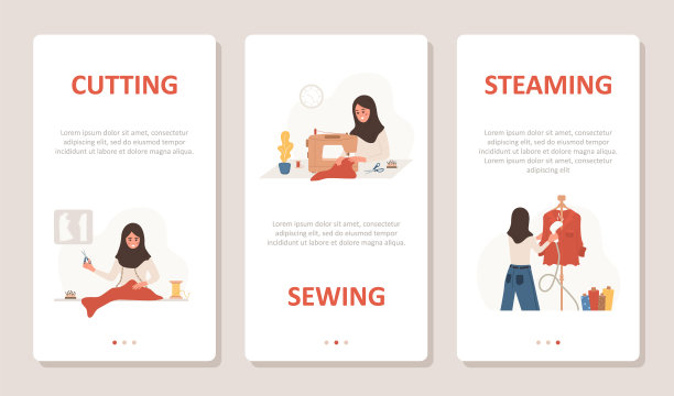 缝纫的概念。阿拉伯女裁缝缝制、剪裁和烫衣服。为社交媒体设置的垂直横幅。服装设计师或裁缝平面卡通风格的矢量插图图片下载