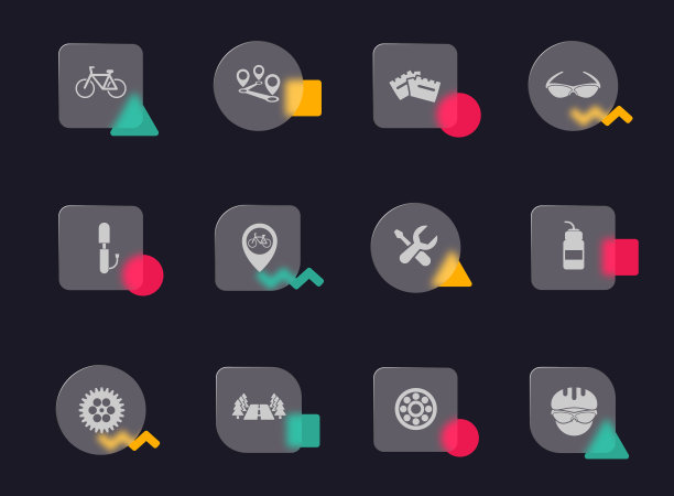 自行车玻璃形态新潮风格图标。自行车透明玻璃矢量图标与彩色孟菲斯数字。用于网页和UI设计，移动应用程序和促销商业广告图片下载