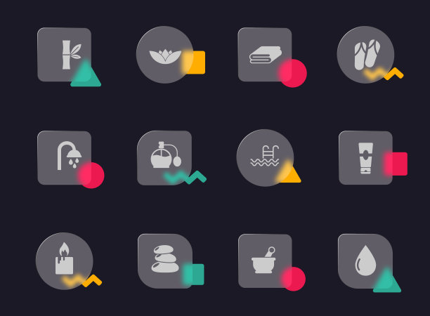 美容和水疗玻璃形态时髦的风格图标。美丽和温泉透明玻璃矢量图标与彩色孟菲斯数字。用于网页和UI设计，移动应用程序和促销商业广告图片下载